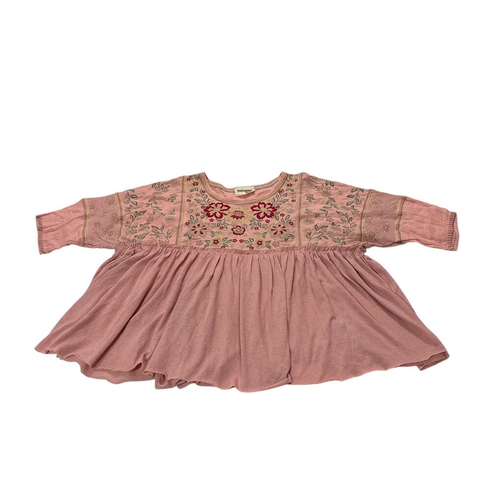 Savanna Jane Womens 1X Pink Embroidered Floral Romantic Boho Blouse Top Western